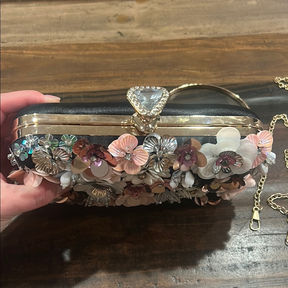 Embellished Floral Evening Clutch - Black with Pink & White Flowers - Picture 2 of 5